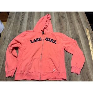 Lake Girl Full Zip Hoodie Coral Pink Navy Applique Fleece Sweatshirt Size Large